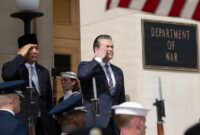 Menteri Pertahanan Amerika Serikat Pete Hegseth menerima kunjungan Menteri Pertahanan Indonesia Sjafrie Sjamsoeddin pada Senin (13/4/2026). (US Department of War)