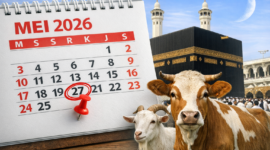 Ilustrasi prediksi Lebaran Haji 2026 yang diperkirakan jatuh pada 27 Mei, ditandai pada kalender dengan latar Ka’bah dan hewan kurban.