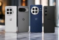 Ilustrasi deretan smartphone flagship 2026 dengan desain premium dan konfigurasi kamera canggih, menampilkan performa dan inovasi teknologi terkini dalam satu frame