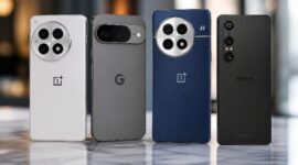 Ilustrasi deretan smartphone flagship 2026 dengan desain premium dan konfigurasi kamera canggih, menampilkan performa dan inovasi teknologi terkini dalam satu frame