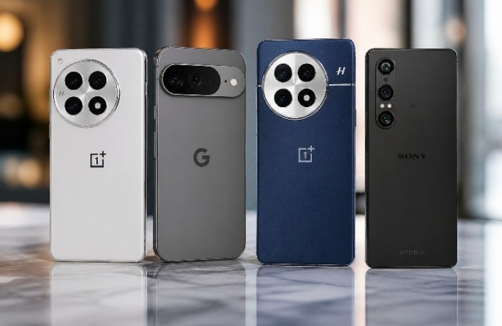Ilustrasi deretan smartphone flagship 2026 dengan desain premium dan konfigurasi kamera canggih, menampilkan performa dan inovasi teknologi terkini dalam satu frame
